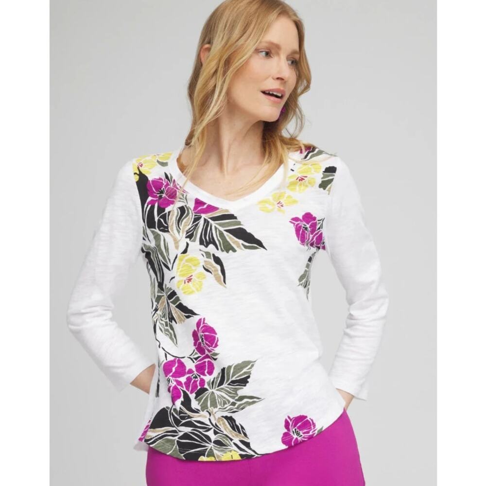 Chico's NEW White African Violet Floral Cotton/Modal V-Neck 3/4-Slv Tee Medium